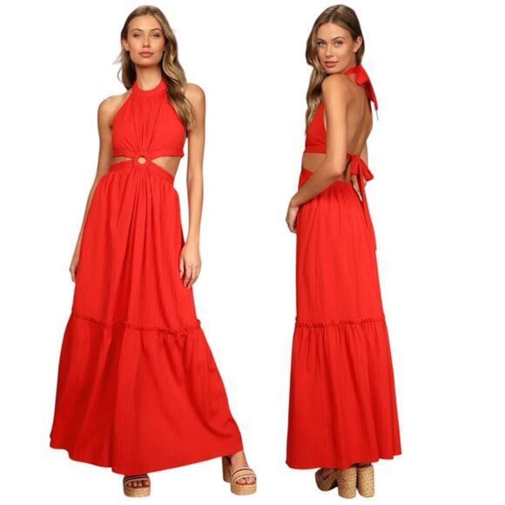 Lulus Island Vacay Red Tie-Back Maxi Dress size Small NWOT
